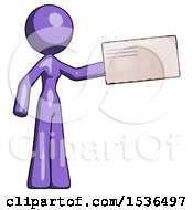 Purple Design Mascot Woman Holding Large Envelope