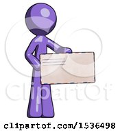 Purple Design Mascot Man Presenting Large Envelope