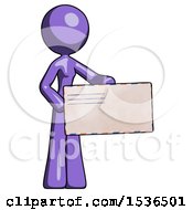 Purple Design Mascot Woman Presenting Large Envelope
