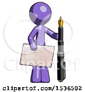 Purple Design Mascot Man Holding Large Envelope And Calligraphy Pen