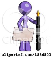 Poster, Art Print Of Purple Design Mascot Woman Holding Large Envelope And Calligraphy Pen
