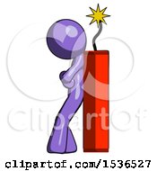 Purple Design Mascot Man Leaning Against Dynimate Large Stick Ready To Blow