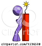 Poster, Art Print Of Purple Design Mascot Woman Leaning Against Dynimate Large Stick Ready To Blow