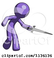 Purple Design Mascot Man Sword Pose Stabbing Or Jabbing