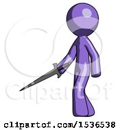 Purple Design Mascot Man With Sword Walking Confidently