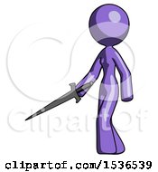 Poster, Art Print Of Purple Design Mascot Woman With Sword Walking Confidently