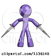 Purple Design Mascot Man Two Sword Defense Pose