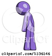 Purple Design Mascot Woman Depressed With Head Down Back To Viewer Left