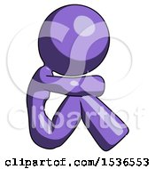 Purple Design Mascot Woman Sitting With Head Down Facing Sideways Right
