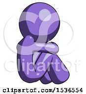Purple Design Mascot Man Sitting With Head Down Back View Facing Right