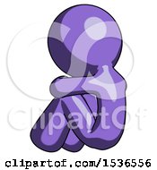 Purple Design Mascot Man Sitting With Head Down Back View Facing Left