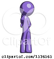 Purple Design Mascot Man Thinking Wondering Or Pondering Rear View