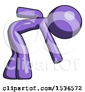 Purple Design Mascot Man Picking Something Up Bent Over