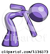 Purple Design Mascot Woman Bent Over Picking Something Up