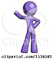 Purple Design Mascot Man Waving Right Arm With Hand On Hip