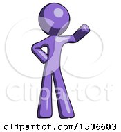 Purple Design Mascot Man Waving Left Arm With Hand On Hip