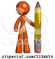 Poster, Art Print Of Orange Design Mascot Woman With Large Pencil Standing Ready To Write