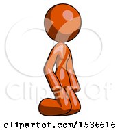 Orange Design Mascot Woman Kneeling Angle View Right