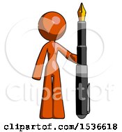 Orange Design Mascot Woman Holding Giant Calligraphy Pen
