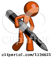 Orange Design Mascot Woman Writing With A Huge Pen