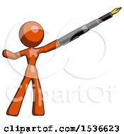 Orange Design Mascot Woman Pen Is Mightier Than The Sword Calligraphy Pose