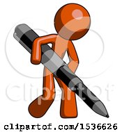 Orange Design Mascot Man Writing With A Really Big Pen