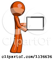 Poster, Art Print Of Orange Design Mascot Man Show Tablet Device Computer To Viewer Blank Area