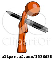 Orange Design Mascot Woman Impaled Through Chest With Giant Pen