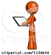 Poster, Art Print Of Orange Design Mascot Woman Looking At Tablet Device Computer With Back To Viewer