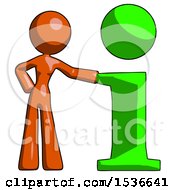 Poster, Art Print Of Orange Design Mascot Woman With Info Symbol Leaning Up Against It