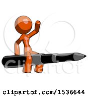 Orange Design Mascot Woman Riding A Pen Like A Giant Rocket