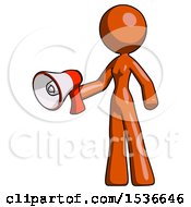 Poster, Art Print Of Orange Design Mascot Woman Holding Megaphone Bullhorn Facing Right