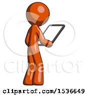 Poster, Art Print Of Orange Design Mascot Man Looking At Tablet Device Computer Facing Away