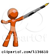 Orange Design Mascot Man Pen Is Mightier Than The Sword Calligraphy Pose