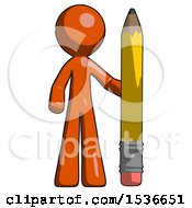 Poster, Art Print Of Orange Design Mascot Man With Large Pencil Standing Ready To Write