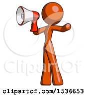 Poster, Art Print Of Orange Design Mascot Woman Shouting Into Megaphone Bullhorn Facing Left