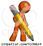 Orange Design Mascot Man Writing With Large Pencil