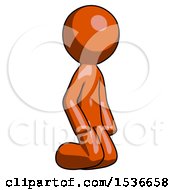 Orange Design Mascot Man Kneeling Angle View Right