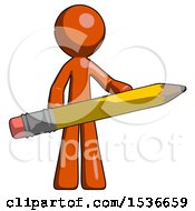 Poster, Art Print Of Orange Design Mascot Man Writer Or Blogger Holding Large Pencil