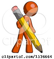 Orange Design Mascot Woman Drawing With Large Pencil