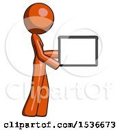 Poster, Art Print Of Orange Design Mascot Woman Show Tablet Device Computer To Viewer Blank Area
