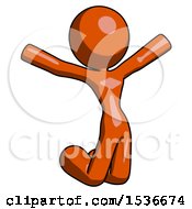 Orange Design Mascot Woman Jumping Or Kneeling With Gladness