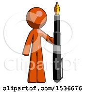 Orange Design Mascot Man Holding Giant Calligraphy Pen