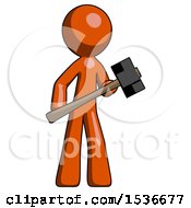 Orange Design Mascot Man With Sledgehammer Standing Ready To Work Or Defend