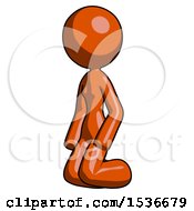 Orange Design Mascot Woman Kneeling Angle View Left