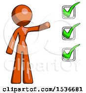 Poster, Art Print Of Orange Design Mascot Woman Standing By A Checkmark List Arm Extended