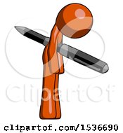 Orange Design Mascot Man Impaled Through Chest With Giant Pen