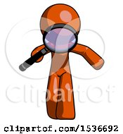 Orange Design Mascot Man Looking Down Through Magnifying Glass