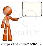 Orange Design Mascot Woman Pointing At Dry-Erase Board With Stick Giving Presentation