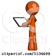 Poster, Art Print Of Orange Design Mascot Man Looking At Tablet Device Computer With Back To Viewer